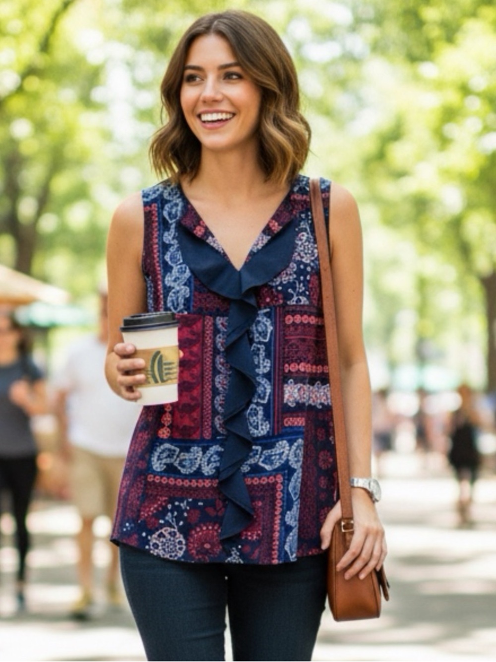 Tommy Hilfiger Women's S Blouse Paisley Patterned Multicolor Ruffles Sleeveless